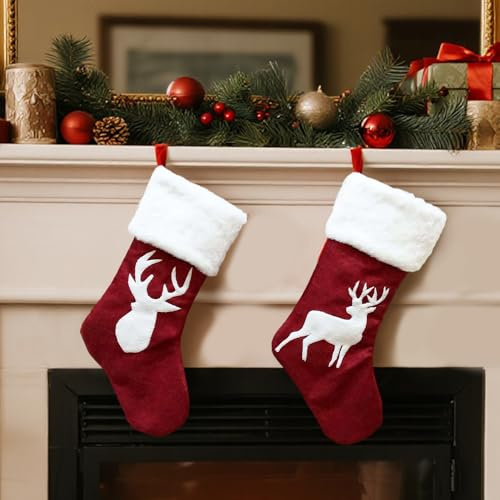 KUWUNG 2 Stück Weihnachtsstrumpf, 46cm Große Nikolausstrumpf mit Kunstfell-Manschette,Elch Rot Weihnachtsstrümpfe,Weihnachtssocken Kamin, Christmas Stocking Süßigkeitenbeutel für Weihnachtsdekoration