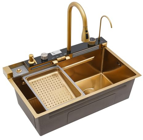 Fregadero de cocina doble de acero inoxidable con escurridor y grifo extraíble, fregadero empotrado, para hogar, restaurante, dorado, 75 x 46 x 22 cm
