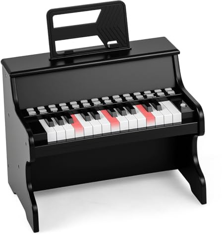 COSTWAY 25-Key Kids Piano, Wooden Toddler Toy Keyboard with Lighted Keys, Adjustable Speed & Volume, Teaching Mode, Music Stand, Educational Music Instrument for Boys Girls (Black)