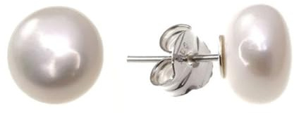 Minoplata Pendientes de Perlas Botón, Plata de Ley 925, 12mm de Diámetro, Color Blanco, con Cierre de Presión, para Mujer