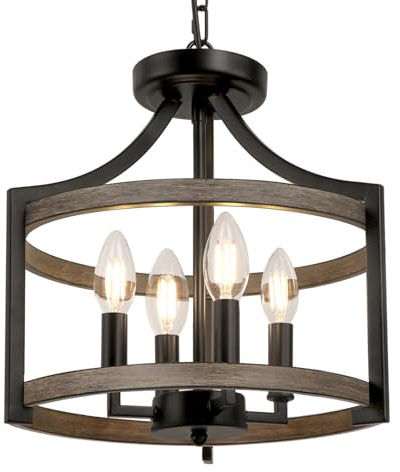 KMaiPem Kronleuchter Schwarz Modern Umwandelbare Deckenlampe Landhausstil, 4 Lichter Vintage Rustikal Deckenleuchte Bauernhaus Faux Holz Hängelampe Schlafzimmer Wohnzimmer(Glühbirne nicht enthalten)