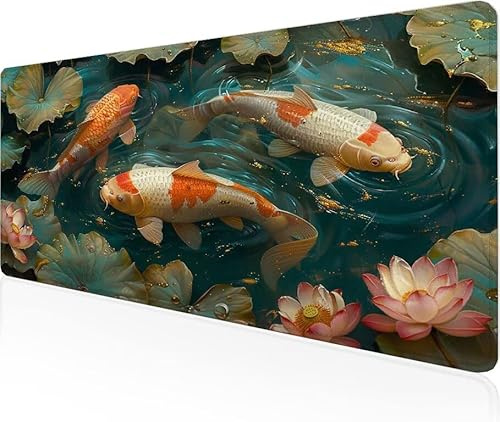 Musmatta Koi spelmusmatta damm stor skrivbordsmatta 1 000 x 400 x 3 mm, arbete från hem väsentligheter halkfri gummibas speciell texturerad vattentålig yta slitstark för kontorsdator, bärbar dator Y1