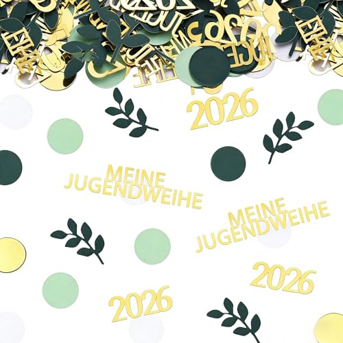 200 Stück Meine Jugendweihe Deko Konfetti 2026, Gold Grün Tischdeko Streudeko mit Blätter und Punkte Motiven, Tischdeko Jugendweihe für Junge & Mädchen DIY Basteln (Meine Jugendweihe)