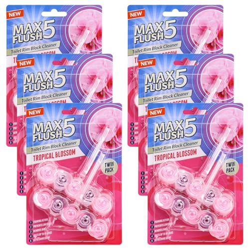 LIVHOME Toilet Rim Block Cleaner, Forest Pine, Citrus Sparkle, Lavender, Tropical Blossom and Ocean Spray Scents, Clear Water Formula, Anti-Limescale Protection (6 Pack, Tropical Blossom)