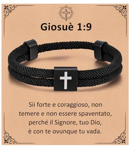 Gamtic Bracciale Ragazzo Uomo Con Croce - Braccialetti Nera Regolabile Corda Intrecciata a Mano Regalo Uomo Ragazzo Cristiano Battesimo Cattolico Gioielli Religiosi Versetto Biblico Giosuè 1:9
