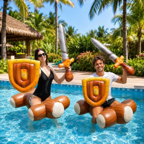 ROUSKY Set da Battaglia Acquatica Gonfiabile 6 Pezzi, Zattera a Forma di Tronco 100 x 65 cm con Spada e Scudo Gonfiabili, Gioco da Piscina per Bambini, Ragazzi e Adulti (6 Pezzi)