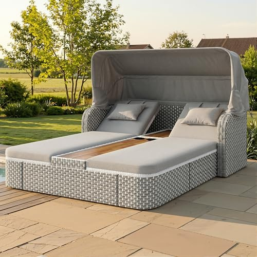Merax Garten Daybed Sonneninsel Rattan,Gartenliege Daybed Doppelliege mit Dach&Getränkehalter,Outdoor Lounge wetterfest,Balkonmöbel Terrassenmöbel mit Kissen,Verstellbare Kopfstütze&Rückenlehne,grau