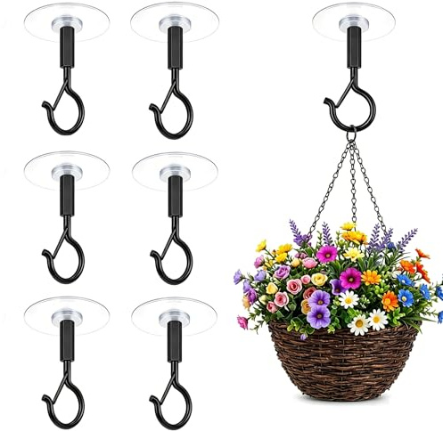LMJOPYQ 6 Stück klebehaken decke extra stark, Deckenhaken selbstklebend, Haken decke ohne bohren für Blumentöpfe und Windspiele, Schwarze klebehaken outdoor wetterfest mit Rundaufkleber