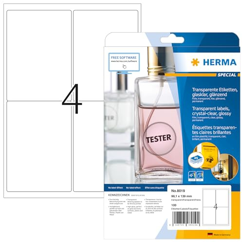 HERMA 8019 Wetterfeste Folienetiketten transparent, 25 Blatt, 99,1 x 139 mm, 4 pro A4 Bogen, 100 Stück, selbstklebend, bedruckbar, glänzend, blanko Klebeetiketten Aufkleber aus Folie, durchsichtig