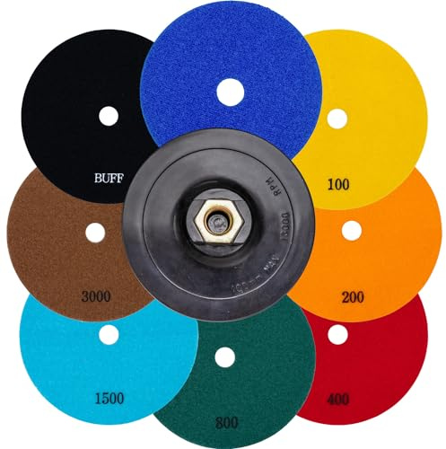 EDW Diamant Nass-Schleifpad-SET 100mm Klettaufnahme Bearbeitung von Naturstein Fliesen Granit Marmor 8 Schleif-Pads mit passendem Aufnahmeteller M14