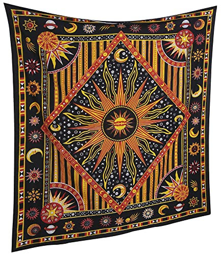 RAJRANG BRINGING RAJASTHAN TO YOU Tapiz Sol y Luna - Wall Tapestry Mandala Pared Decoracion Algodon Sheets Curtains Tapices Hippie Bohemio Arte Decorativo Toalla de Playa - Naranja - 213 x 137 cm