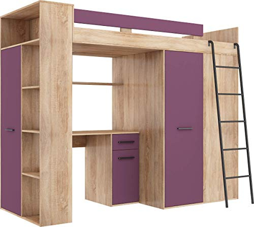 FurnitureByJDM Hochbett mit Schreibtisch, Kleiderschrank und Bücherregal | Loftbett - Komplettes Möbelset 236x120x190 cm - 90x200 cm Bettgröße - Rechte Leiter - VERANA - (Eiche Sonoma/Violett)