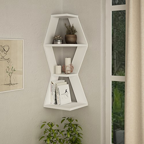 Hocuspicus Sablor Eck-Wandregal, 3 Tier Regal mit modernem geometrischen Design, Aufbewahrungsregale, mehrfarbige Optionen, weiß