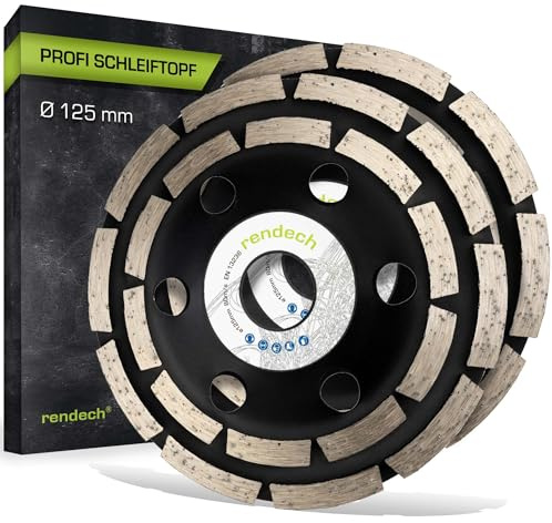 2x rendech® Diamant Schleiftopf 125 mm mit Bauhöhe 23 mm | Ideal für Fliesenkleber, Beton, Estrich, Putz, Mauerwerk uvm. - Passend für Winkelschleifer und Betonschleifer
