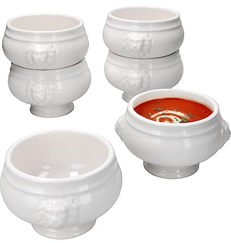 MamboCat Leo, set da 6 terrine a testa di leone, piccole, 450 ml, per 6 persone, tazze da zuppa bianche, 0,45 litri, zuppe con teste di leone, per zuppa di nozze, piselli o lenticchie