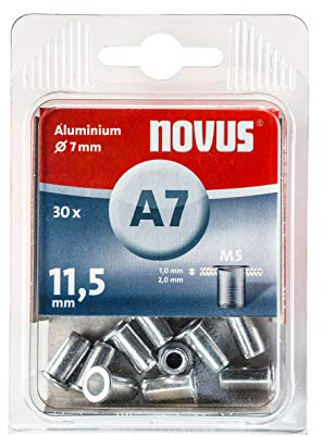 Novus 045-0076 A7 Blindnietmutter Ø7 mm Aluminium, 30 Nietmuttern, M5 Gewinde, 11.5 mm Länge, für Kunststoff und Leichtbaumaterial, Silber
