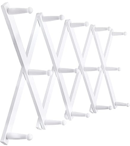SKOLOO Accordion Wall Hanger, Expandable Coat Rack Wall Mounted, Solid Wooden Wall Hat Rack, 14 Peg, White