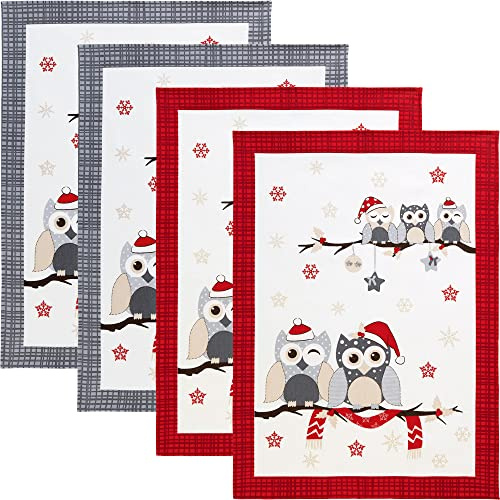 Erwin Müller Geschirrtuch, Küchentuch 4er-Pack Motiv Eule Weihnachten - saugstark, strapazierfähig, mit Schlaufe zum Aufhängen - grau-rot Größe 50x70cm