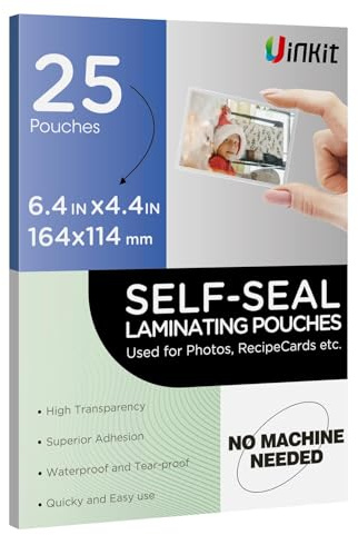 Uinkit 10mil Thicker Self Sealing Photo Laminating Pouches 4 x 6, 25Pack Double-Sided for Recipe Cards & Photos, Waterproof Plastic Sleeves to Preserve Pictures, Index Flashcards