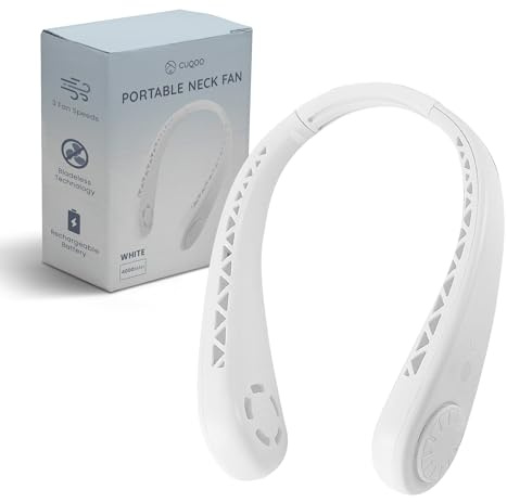 CUQOO Ventilador de cuello recargable, ventilador personal con flujo de aire de 360°, 3 ajustes de velocidad, sin aspas, silencioso y portátil, ideal para viajes, deportes, gimnasio, uso en interiores