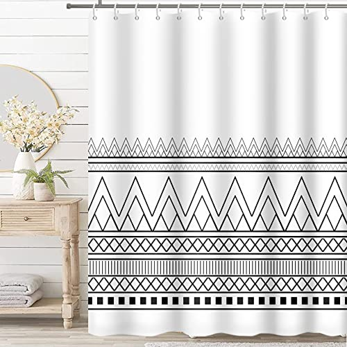 MIRRORANG Weißer Boho Tribal gestreifter Duschvorhang mit 12 Haken,Moderner Geometrischer Duschvorhang für Badezimmer,100% Polyester,183x183cm
