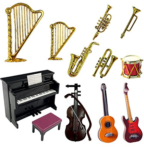 13 modelli di strumenti musicali in miniatura, mini set carini e interessanti, strumento in plastica come chitarre, pianoforte, batteria, ecc.
