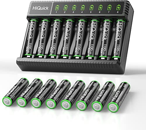 HiQuick 16 x AAA 1100mAh Ni-MH Rechargeable Batteries with 8-Bay LED AA AAA Battery Charger, Batteries and Charger Combo