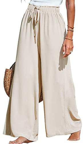 CUPSHE Women Wide Leg Pants High Waisted Trousers Linen Palazzo Lounge Beach Cover Ups Flowy Pants,S Beige