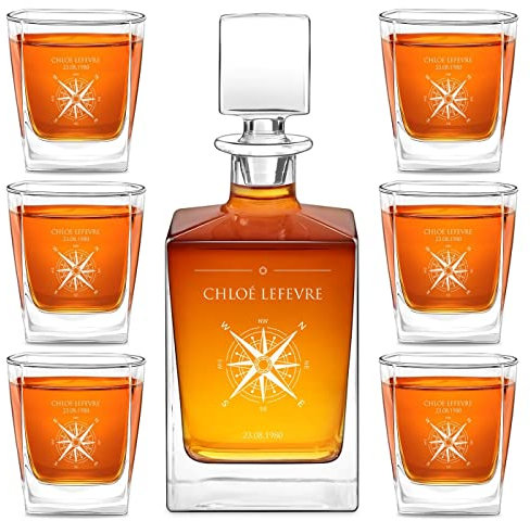 Maverton Carafe et Verres à whisky avec gravure Idee Cadeau Femme - 810ml Carafe Whisky + 6 Verre a Whisky 250 ml - Service personnalisé pour elle - Cadeau Anniversaire Femme - Rose des vents