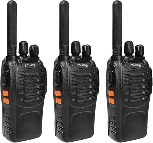 Pofung PT88E Walkie Talkie PMR446 Lizenzfreies Zwei-Wege-Radio | 16-Kanäle Long Range Walkie Talkies mit Ladestation und Ohrhörern (schwarz, 3-Pack)