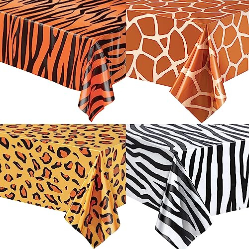 4-teilige Dschungel Safari Tischdecke,137 x 274cm Leoparddruck Tigerdruck Zebradruck Giraffedruck Plastik Tischdecke,Wasserdicht Tisch Cover für Geburtstag Dschungel-Safari-Motto-Partyzubehör