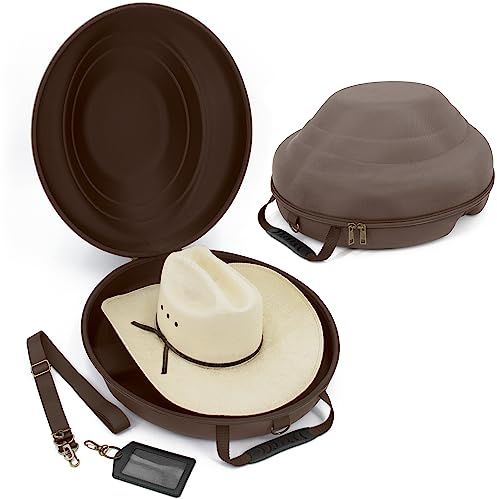 CASEMATIX Cowboyhutbox – Tragbare Hutaufbewahrung für Krempen bis 12,1 cm – Hartschalenkoffer mit Tragegurt, Ausweisfach und Schaumstoffeinsatz für Tauchkrempen, Braun