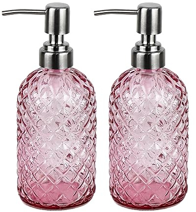 Funly mee Bathroom & Kitchen Glass Hand and Dish Soap Dispenser with 304 Rustproof Stainless Steel Pump (Pink-2pack)