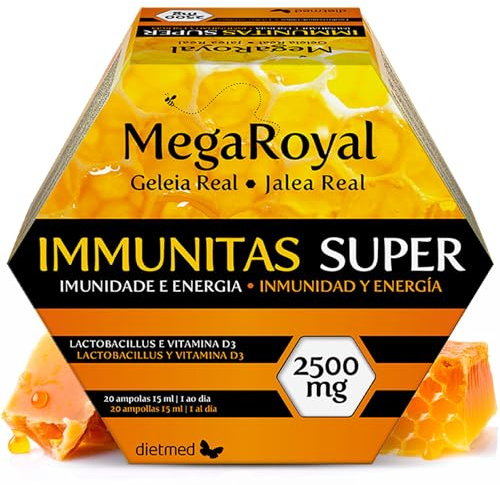 Jalea Real 2500 mg para Defensas con Vitamina C, D3 y Zinc - Energía y Sistema Inmunitario - Con Probiótico Lactobacillus acidophilus y Vitaminas B - 20 Ampollas Bebibles 1 al Día - DietMed