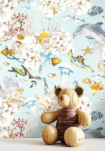 Newroom Vliestapete Blau Korallen Meerestiere Kinderzimmer Tapete | Unterwassermotiv mit Fischen, Delfin, Schildkröten, Seepferdchen, Quallen, Mintblau, Mustertapete, Wandtapete