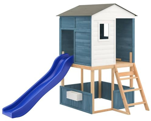 vidaXL Outdoor Wooden Playset - Blue/White Solid Fir Garden Playhouse with Wave Slide and Sandpit, Stable Play Equipment for Backyard