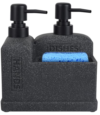 Kitchen Hand Soap and Dish Soap Dispenser Set,Dual Soap Dispenser with Sponge Holder 3-in-1 Organizer for Kitchen Sink,Bathroom,Useful Kitchen Gadgets - Black