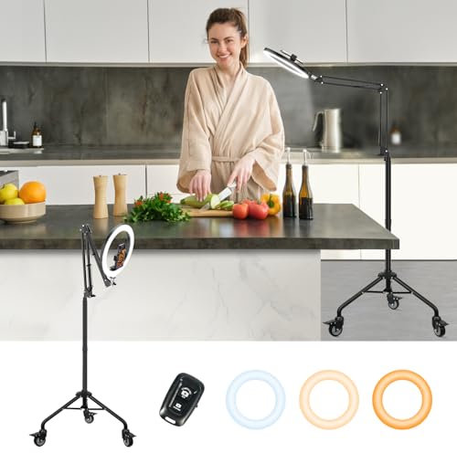 LUXSURE Luce ad Anello con Supporto Cellulare e Ruote con Freno, 10'' Ring Light con Braccio Flessibile e Telecomando Bluetooth per Telefono, Ideale per Registrazione Video, Cucina, Live Streaming