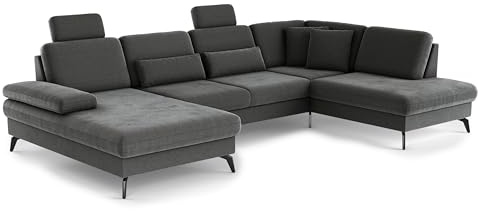 Cavadore Wohnlandschaft Moritz / Sofalandschaft mit Longchair im trendigen Design, Sitztiefenverstellung, Kopfstützen und mattschwarzen Metallfüßen / 335 x 82-107 x 212 / Mikrofaser, Grauoliv