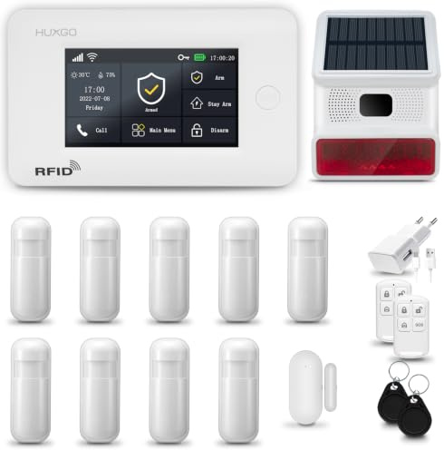 HUXGO® HXA006 Sistema di allarme casa senza fili con radio Sirena esterna solare WiFi + GSM 4G | kit con 1x sensori di allarme per finestre/portes, 9x rilevatori di movimento