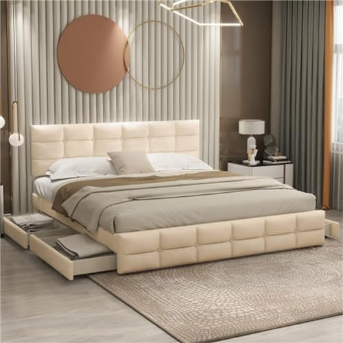 Gepolstertes Doppelbett 180x200 cm Mit Led-Beleuchtung, 4 Schubladen, Mit Verstellbarem Kopfteil Und Untergestell, Mit Massivholzuntergestell, Für Schlaf- Und Gästezimmer(Color:Beige)