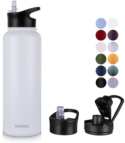 MURBONE Insulated Water Bottle, 1.2L Stainless Steel Drink Flask with Straw, BPA Free, 2 Lids (Straw Lid and Spout Lid), Leakproof Double Walled Vacuum Water Bottle, White