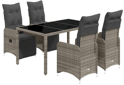 vidaXL Garten Bistroset 5-TLG., Balkonset mit Kissen, Gartenmöbel Tisch 4 Verstellbare Stühle, Balkonmöbel Sitzgruppe Gartengarnitur, Grau Poly Rattan