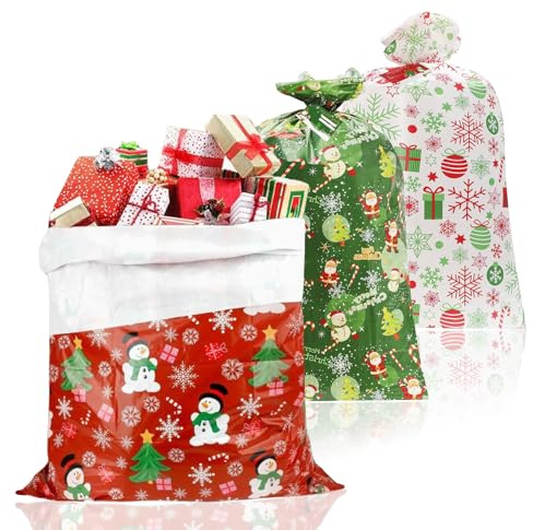 3 Stück Geschenkbeutel Weihnachten Jumbo, Weihnachts-Geschenktüten 142 x 92 cm Extra Große Weihnachtssäcke Xmax Geschenksack, Wiederverwendbare übergroße Aufbewahrungstaschen für Weihnachten