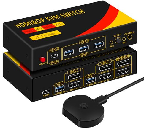 DP hdmi kvm Switch 2 Monitors 2 Computers Display Port,kvm Switch displayport with DP and HDMI kvm switches,8K@60HZ,USB3.0 with 1 USB C