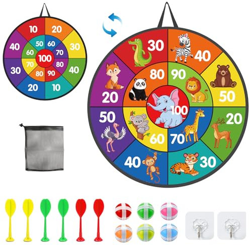 SUNYOK Klett Dartscheibe Kinder Doppelseitige Dartspiel Tier Klettballspiel mit 6 klebrigen Bällen 6 Pfeilen und 2 Haken Wurfspiel Geschenke für Jungen Mädchen Indoor Outdoor Spielen