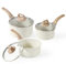 CAROTE White Nonstick Milk Pan Set with Wooden Handle - 3 Small Saucepans (16/18/20cm) + Glass Lids, Drip-Free Spouts, Induction Compatible & Family-Safe Coating