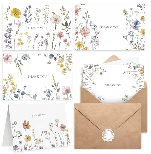 XXINMOH 102 PACK Floral Thank You Cards With Envelopes (4x6) - Wildflower Blank Cards With Adhesive Envelopes & Matching Stickers for Wedding, Bridal Showers, Baby Showers, Birthday, All Occasion