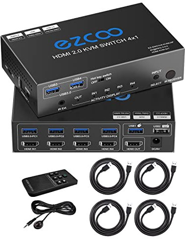 HDMI KVM Switch USB 3.0 4 Ports with Hotkey 4K 60Hz 18Gbps Share 4 Computers with one Keyboard Mous HDR D-olby Vision HDCP2.2 Remote Control USB3.0 CableX4