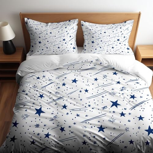Quixora Bettwäsche Set 155 x 220 Blaue Sterne Muster Microfaser Doppelbett Wendebettwäsche Bettbezug mit Reißverschluss 3 Teilig Weiche Bettwäsche + Kissenbezüge 80x80 cm